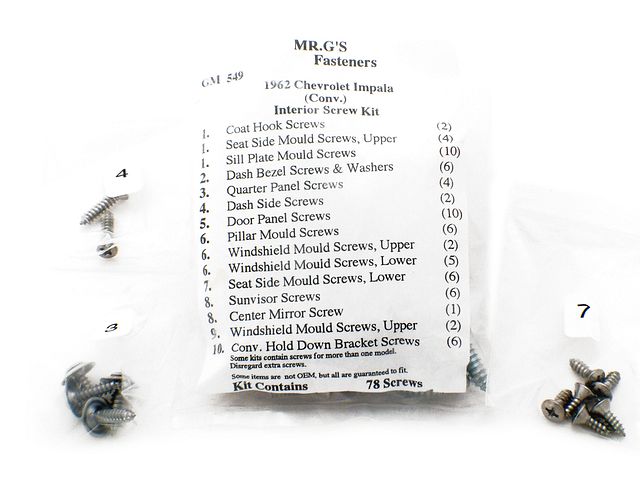 Product image (1962 Chevrolet Impala Convertible Interior Trim Screw Kit -78 pieces)